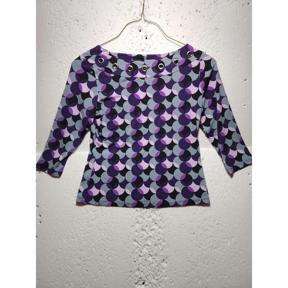 JTB Top Womens Medium Blue Purple Abstract Blouse 3/4 Sleeve Metallic Ring